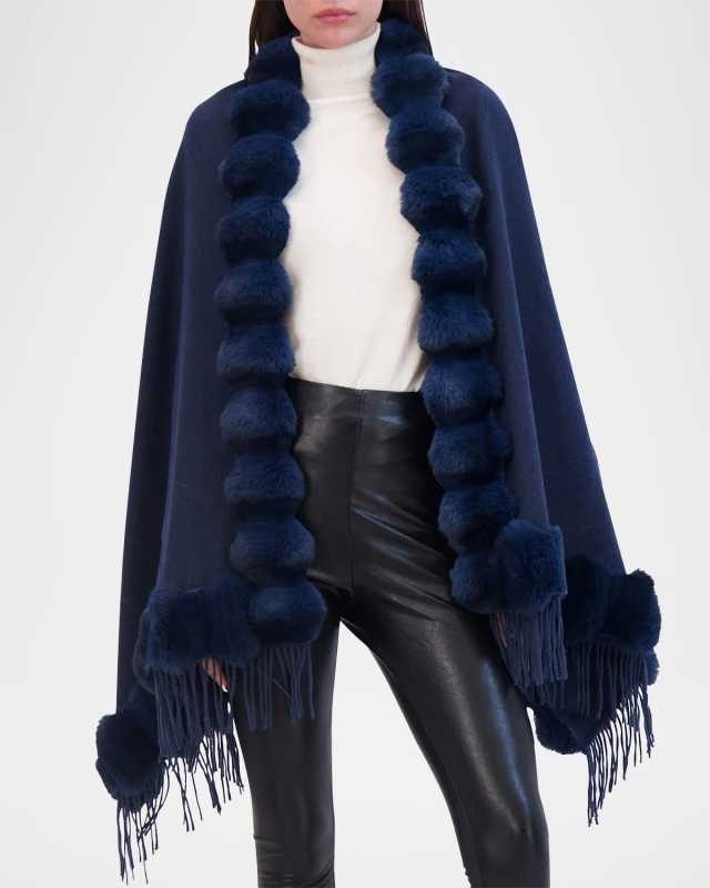 Cashmere Blend Cape W/ Chinchilla-Like Trim